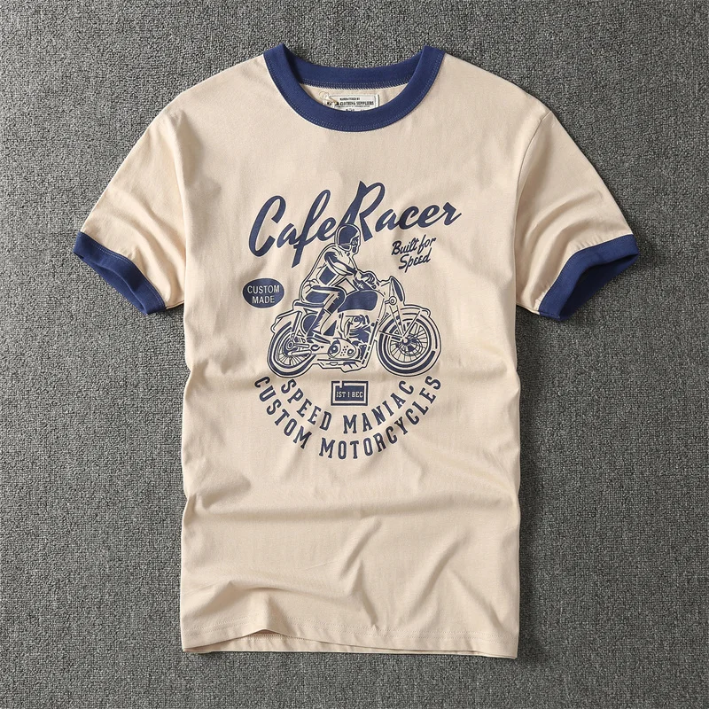 Heavy double cotton American vintage T-shirt motorcycle printed color matching round neck short sleeve T-shirt men