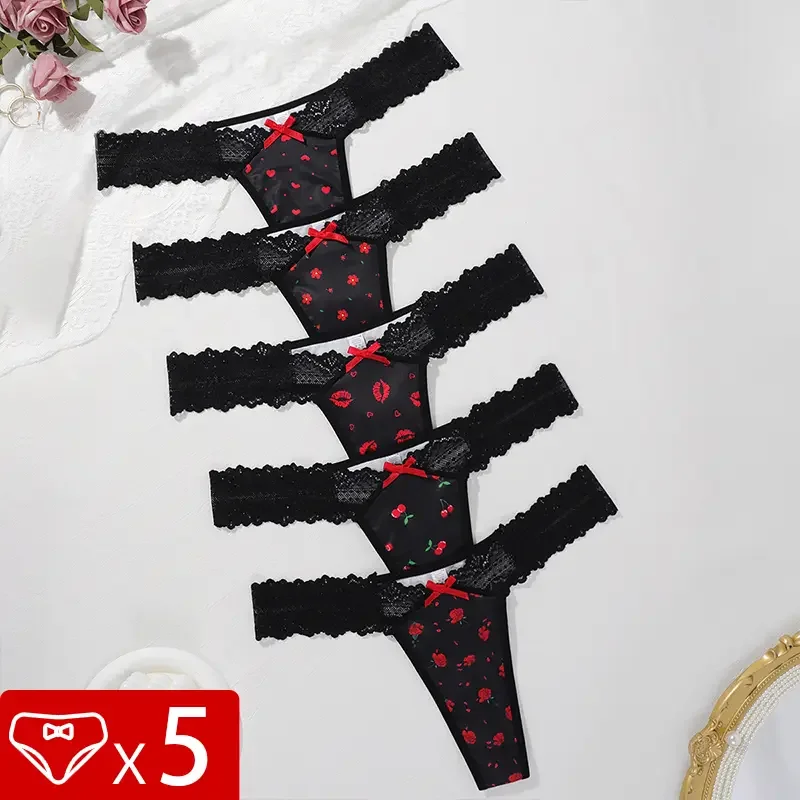 5 unidades/pacote impressão sexy rendas mulheres tangas arco elegante lingerie sexy respirável confortável roupa interior feminina moda estilo calcinha