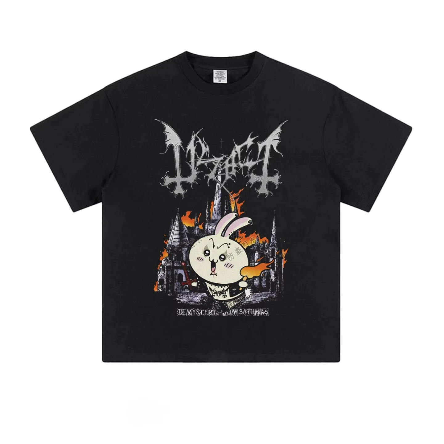 Chiikawa Usagi Black Metal T Shirt Men Gothic Castle Fire Print Short Sleeve Tee Y2K Dark Punk Rock Oversized Cotton T-shirt