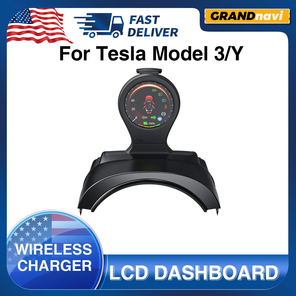 Grandnavi car meter head up for Tesla Model 3 Y LCD display Mileage Speed  Digital Dashboard wireless charging holder Door Open