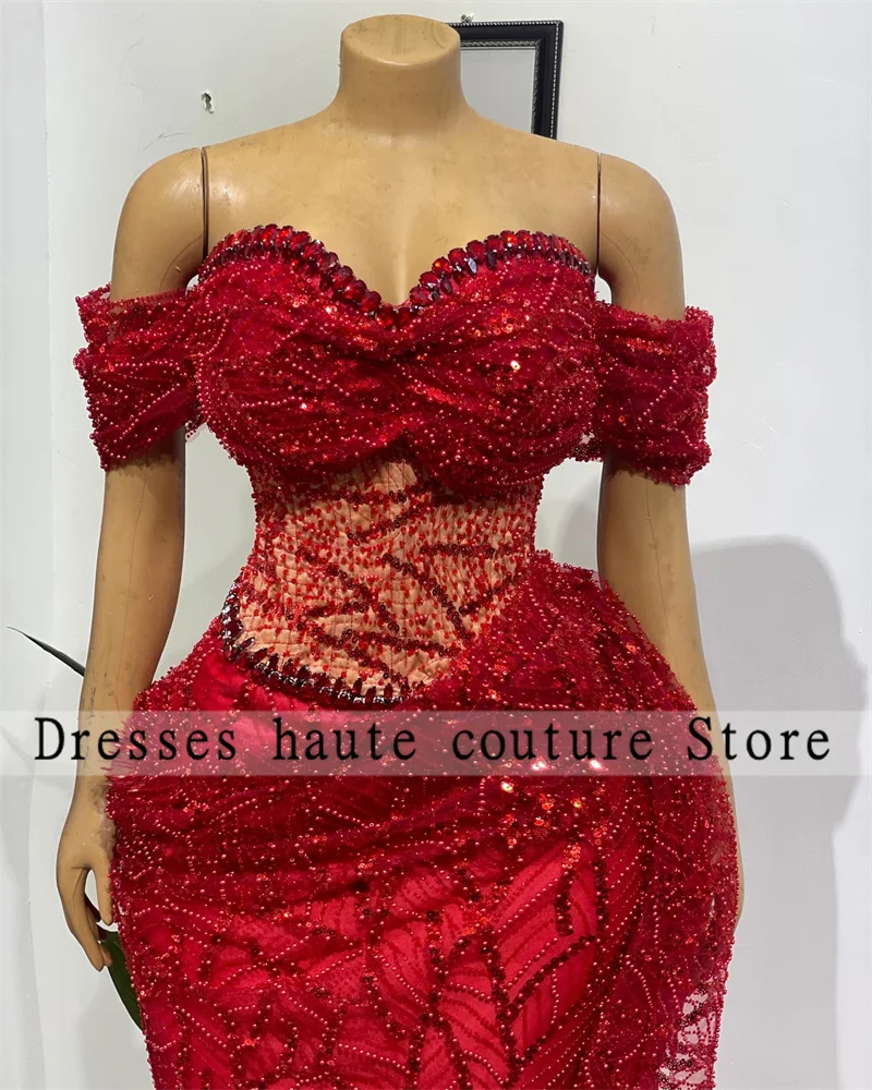 Aso Ebi Red Lace Beaded Off The Shoulder Mermaid Evening Dresses 2025 Sparkly Crystals Wedding Party Gowns Prom Dress Customized