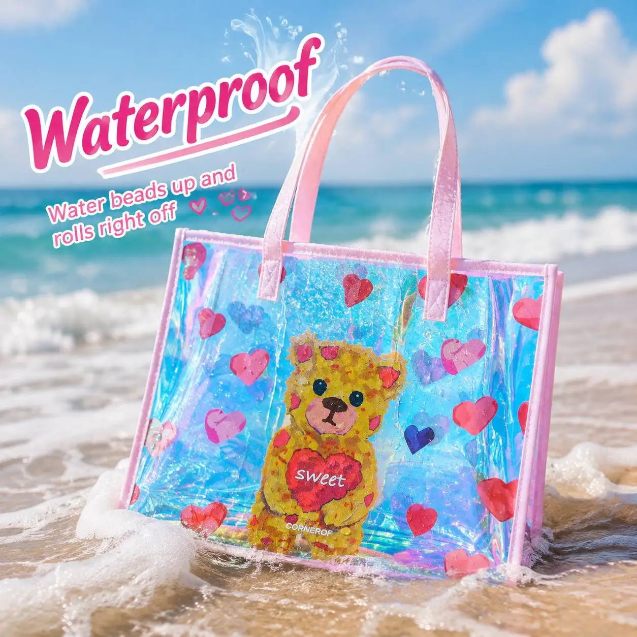 Holographic Transparent Tote Bag Women Cute Bear Heart Print Waterproof Beach Bag Large Capacity Summer Shopping Bag Girls Shoul