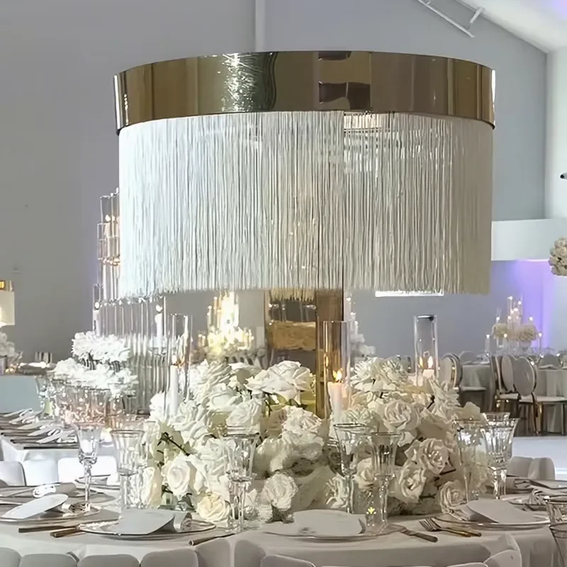 Wedding Tassel String Curtain Gold Stainless Steel Flower Stand Wedding Decoration Table Centerpieces Wedding Party Table