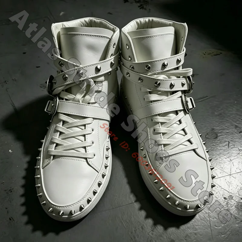 Women/Men White Leather High Top Studded Sneakers Multi Buckle Straps Lace Up Rivet Trim Punk Rock Street Fashion Flat Shoes