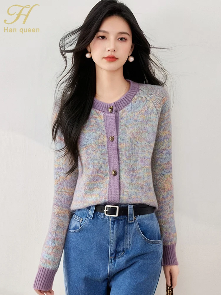 

H Han Queen 2025 Autumn Korean Chic Loose O-Neck Knitted Cardigan Sweater For Women Work Casual Basic Long Sleeve Tops Knitwear