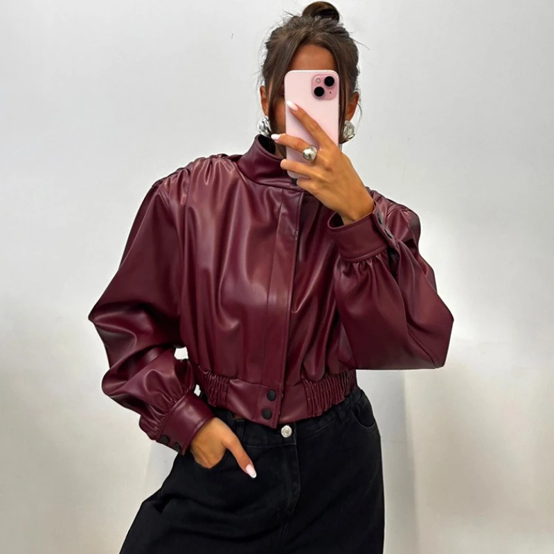 TARUXY Mode leren jas met ritsknop dames opstaande kraag lange mouwen rimpels korte lederen herfst nieuwe high street jas