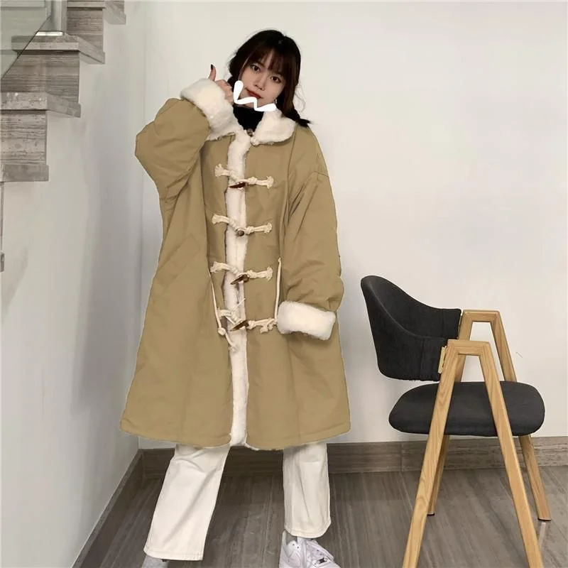 2023 Spring Autumn Versatile Cow Horn Button Mid Length Lmitation Lamb Plush Warm New Workwear Fur Edge Coat Cotton Coat Women