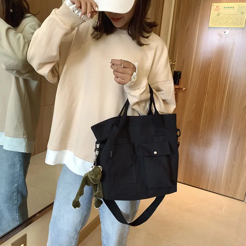 Canvas Women Handbag Shoulder Bag Solid Color Shopping Bags Female Eco Handbag Reusable Grocery Totes Shopper Bags with Pendant