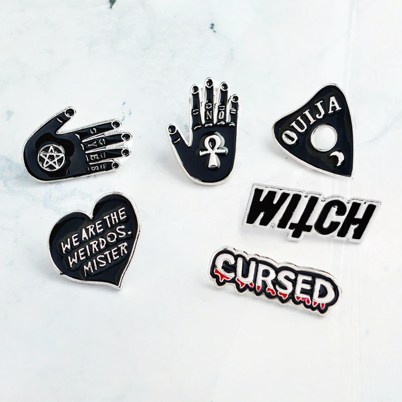 Heart Pin Denim Jeans Pins Buckle Shirt Badge Fashion Gift for Friend Dark enamel Brooch CURSED WITCH Palm YES NO OUIJA