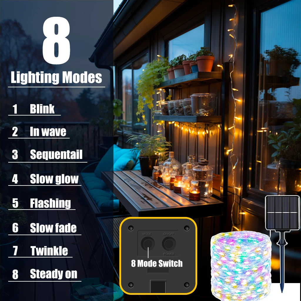 Solar Fairy Lights Outdoor Solar Powered Garden Lights Outside 8 Modes Waterproof Solar String Lights for Trees Party Christmas