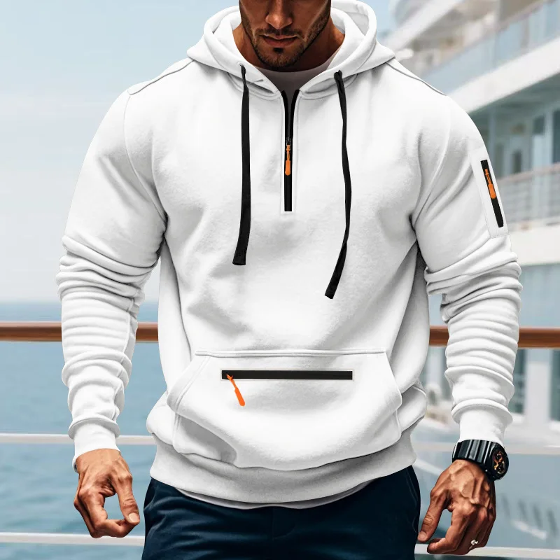 Winter fleece hooded sweater loose and heavy American casual men's sports tooling jacket men