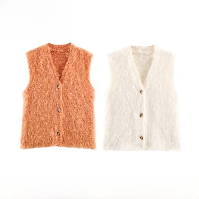 

EVEA New Women's Faion Long Knitted Vest Autumn Casual Versatile Two-color Polyester Stand Fit V-ne Single Button Closure