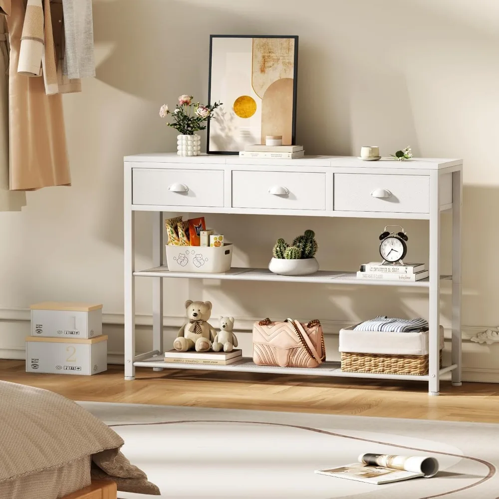 طاولة مدخل بيضاء من Furologee، طاولة أريكة كونسول مقاس 38 بوصة مع 3 أدراج قماشية، طاولة مدخل صناعية مع أرفف تخزين،