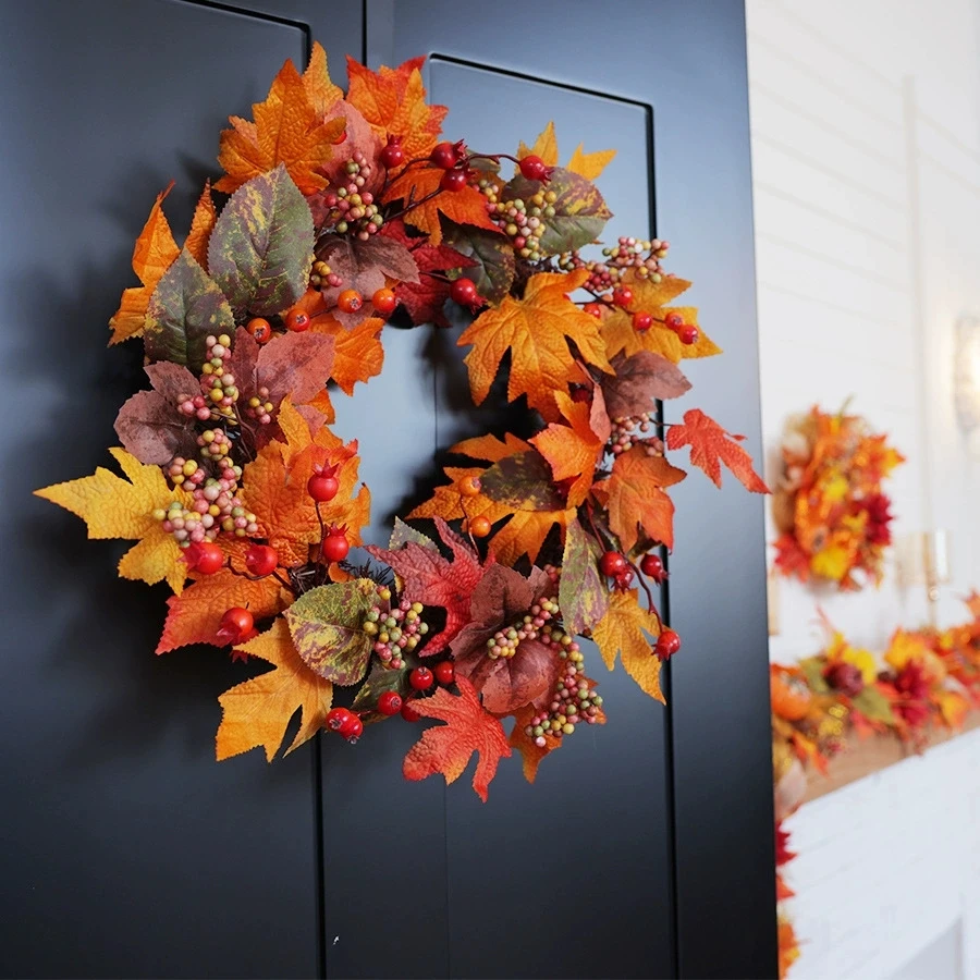 

Autumn Maple Pumpkin Wreaths for Front Door with Berry Pinecones Fall Door Wreath Thanksgiving Home Outside Decoration
