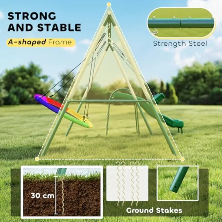 مجموعة أرجوحة الفناء الخلفي ذات حامل معدني شديد التحمل من Aframe مع مقعد قابل للتعديل وأرجوحة صحن مجموعة لعب خارجية منزلق مقاس 5 بوصات #5