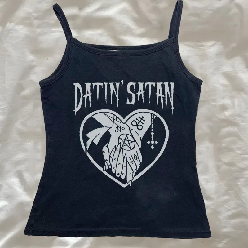 Satan Heart With Satanic Tattoo Hand Holding Print Crop Top y2k Harajuku Punk Tee 2000s Emo Girl Slim T-shirt Cropped T-shirt