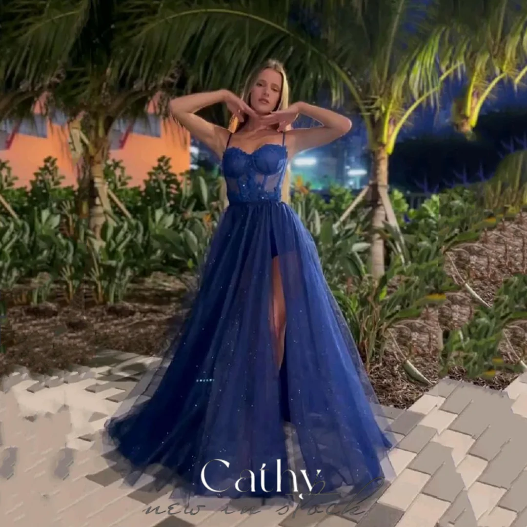 

Cathy Sapphire Blue Glitter A-line Prom Dress Sexy Side High Split فساتين السهرة Elegant Spaghetti Strap tidos de noche