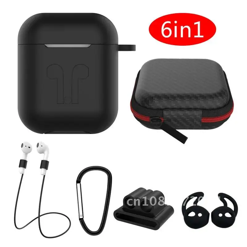 

6 Protective Cases for AirPods Headphone with Lanyard Carabiner Silicone Cover Accessories Storage Box