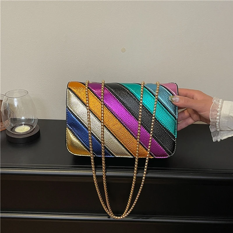 

Colorful Striped Crossbody Small Square Bag New Trendy Ladies Handbag High-end Pu Leather Shoulder Bag Elegant Chain Women's Bag