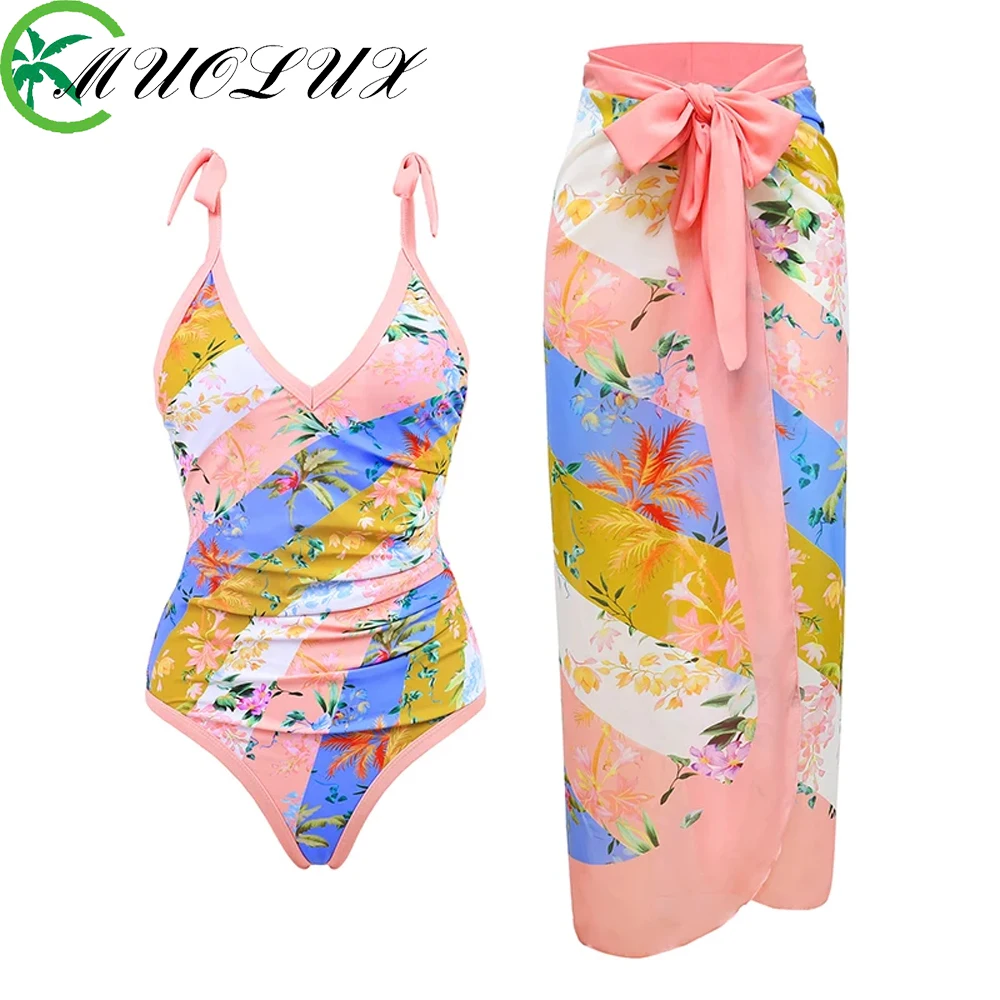 MUOLUX-biquíni feminino de uma peça, estampa de flores 3D, vestido de praia sexy, maiô, moda praia plissada, verão, 2024