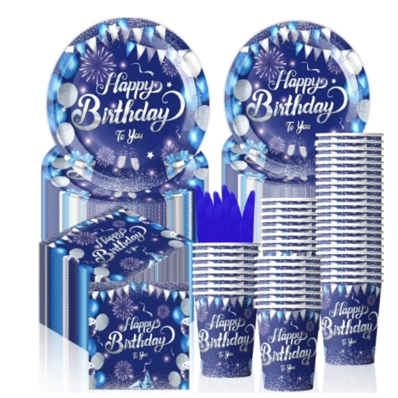 Fournitures de fête en diamant bleu encre, couverts jetables, assiettes en papier, gobelets en papier, serviettes en papier, décorations de fête d'anniversaire pour fille