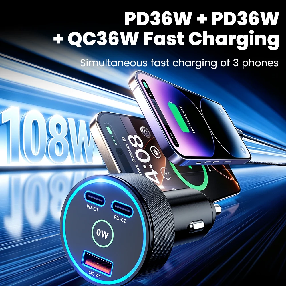108w Car Charger PD36W+PD36W+QC36W PD36W+PD36W+QC36W 3simultaneous Fast Charging Channels Car Digital Display Cellphones Adapter
