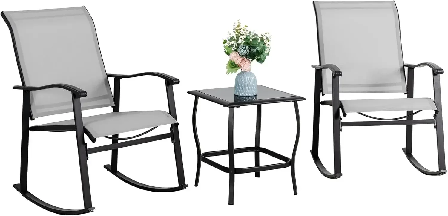 

3 Piece Outdoor Rocking Bistro Set, Textilene Fabric Small Patio Furniture Set, Front Porch Rocker Chairs Conversation Set with