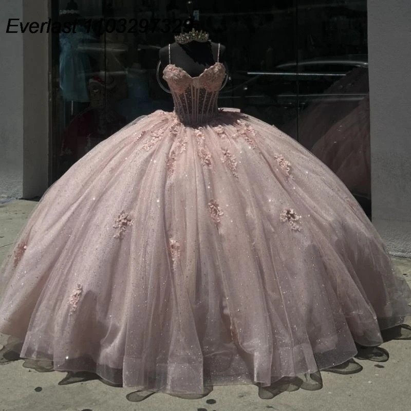 EVLAST-Vestido De quinceañera rosa De princesa mexicana, Vestido De baile, apliques De encaje, corsé De cristal con cuentas, dulce 16, 15 años, QD1029