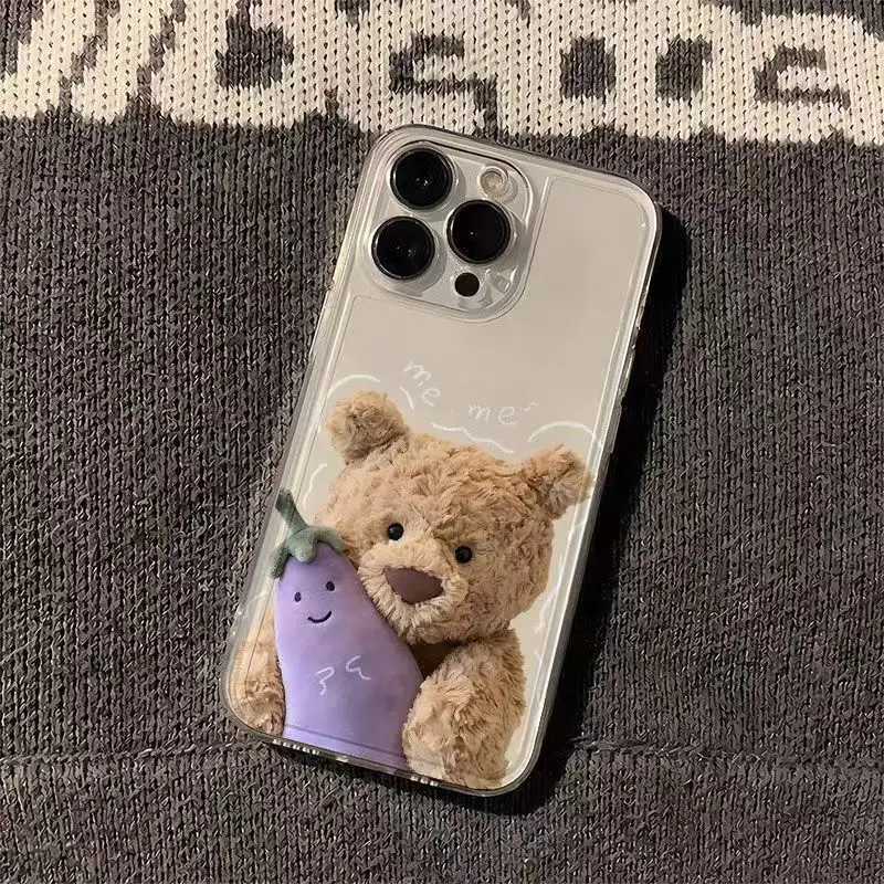 Bear And Eggplant Phone Case For iPhone 16 15 14 13 12 11 Pro XS MAX 7 XR 8 7 Plus Clear Cover Fundas