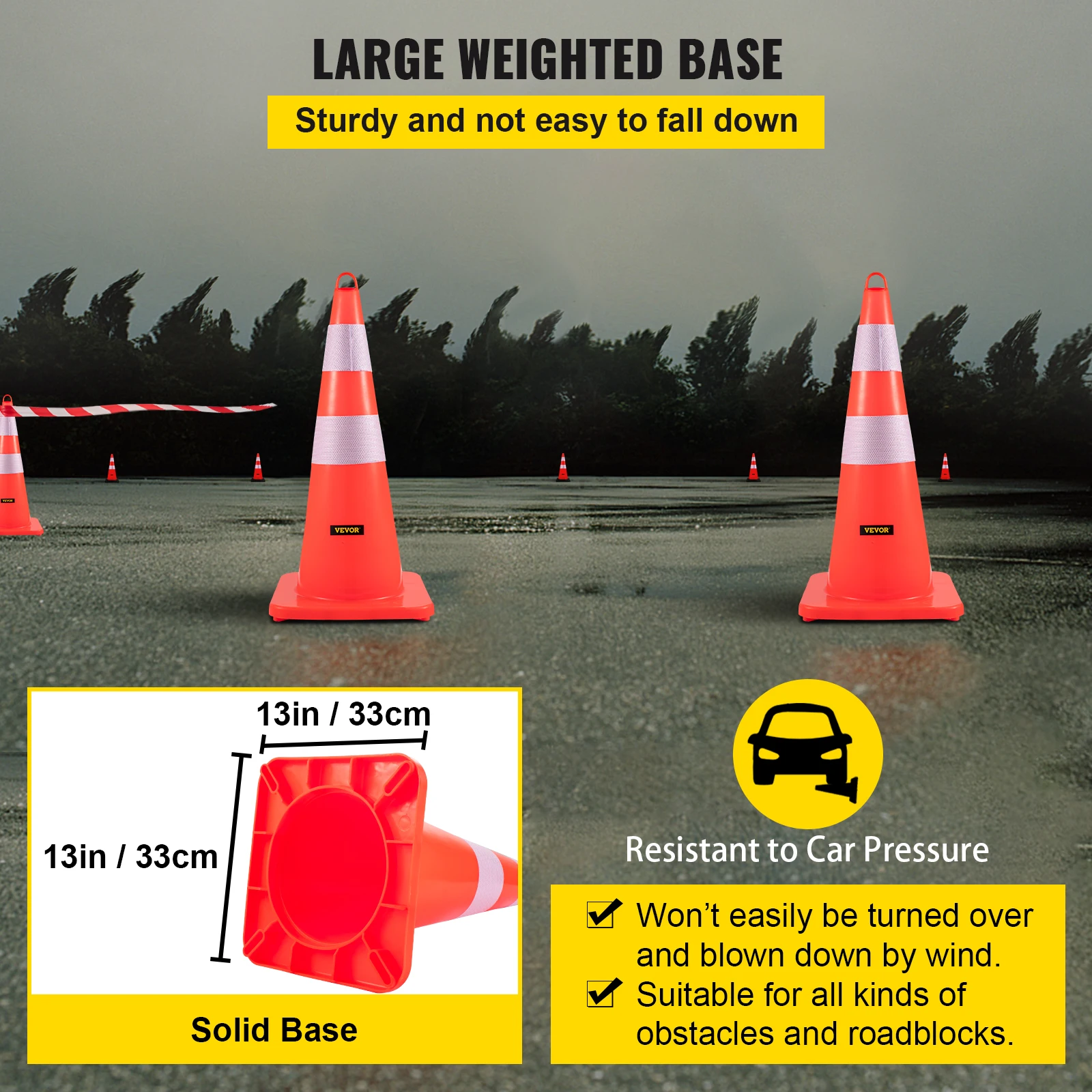 VEVOR Cono de Tráfico 12 Piezas 73 cm Pedestal de Obra de PVC Naranja, Cono de Seguridad con Base Pesada y 2 Collares Reflectantes, para Demarcación de Estacionamiento de Emergencia en Estacionamiento