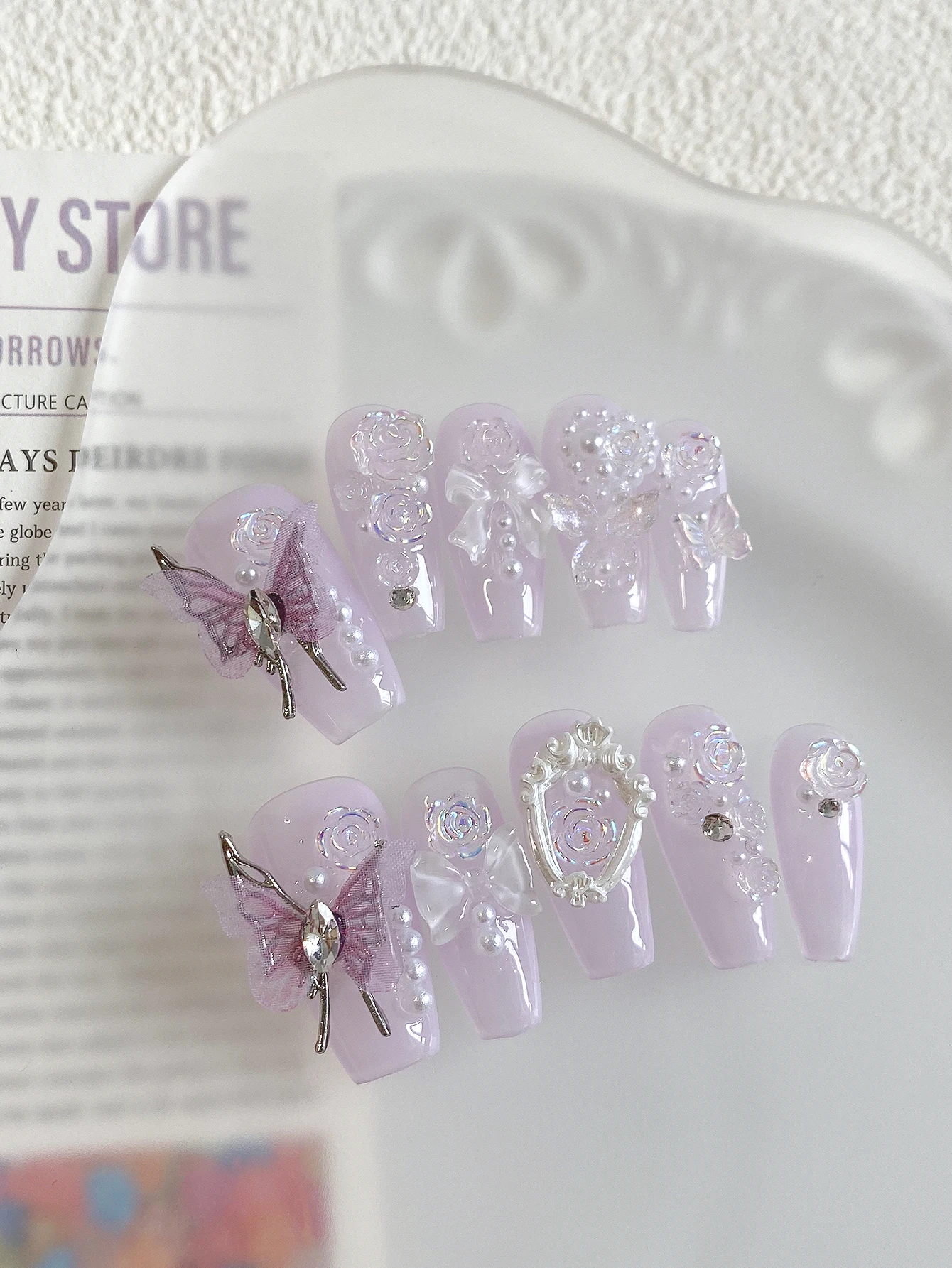 Fairy Light Purple Press On Nails,Coffin Reusable False Nails,3D Butterfly Rose Bow Pearl Decor,Girly Fake Nails for Bridal