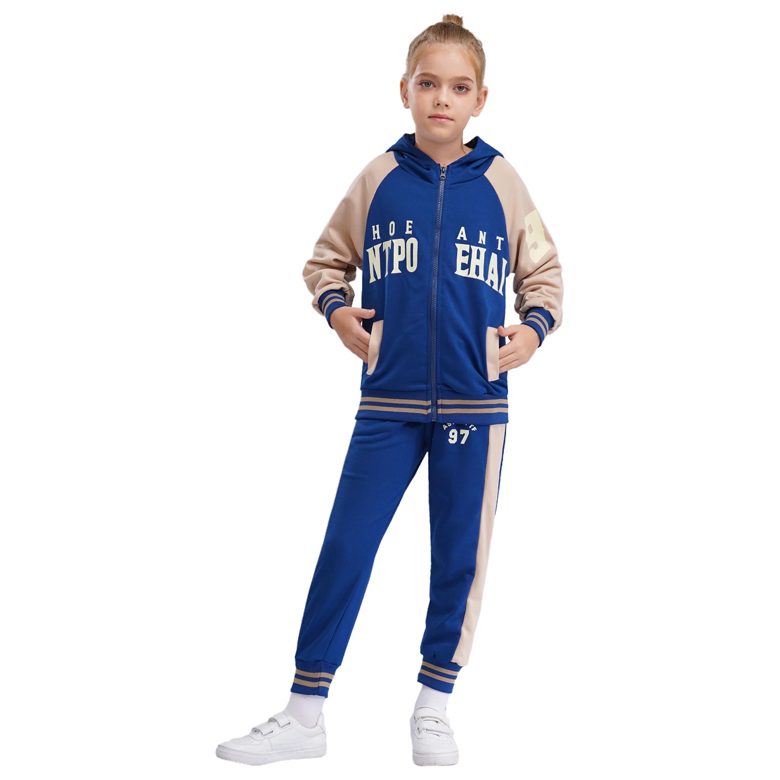 New Unisex Boys Girls Two-Piece Sports Outfit Color Block Tracksuit Hooded Sweatshirt with Sweatpants for Outdoor Hiking Camping - Image 2