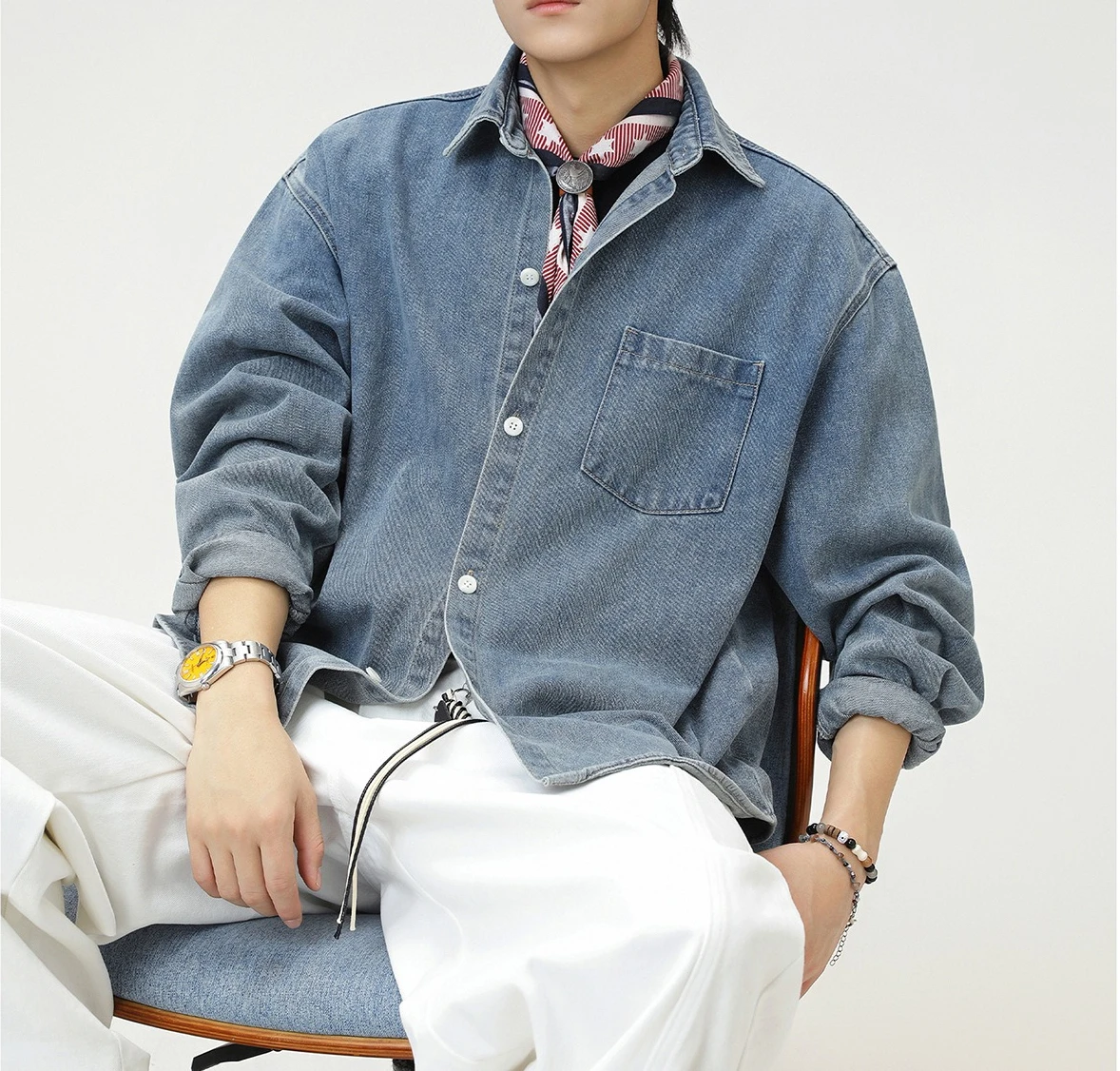 Retro Original Cow Long-sleeved Shirt Men's 26 Spring New Loose Casual Washed Denim Shirt Jacket