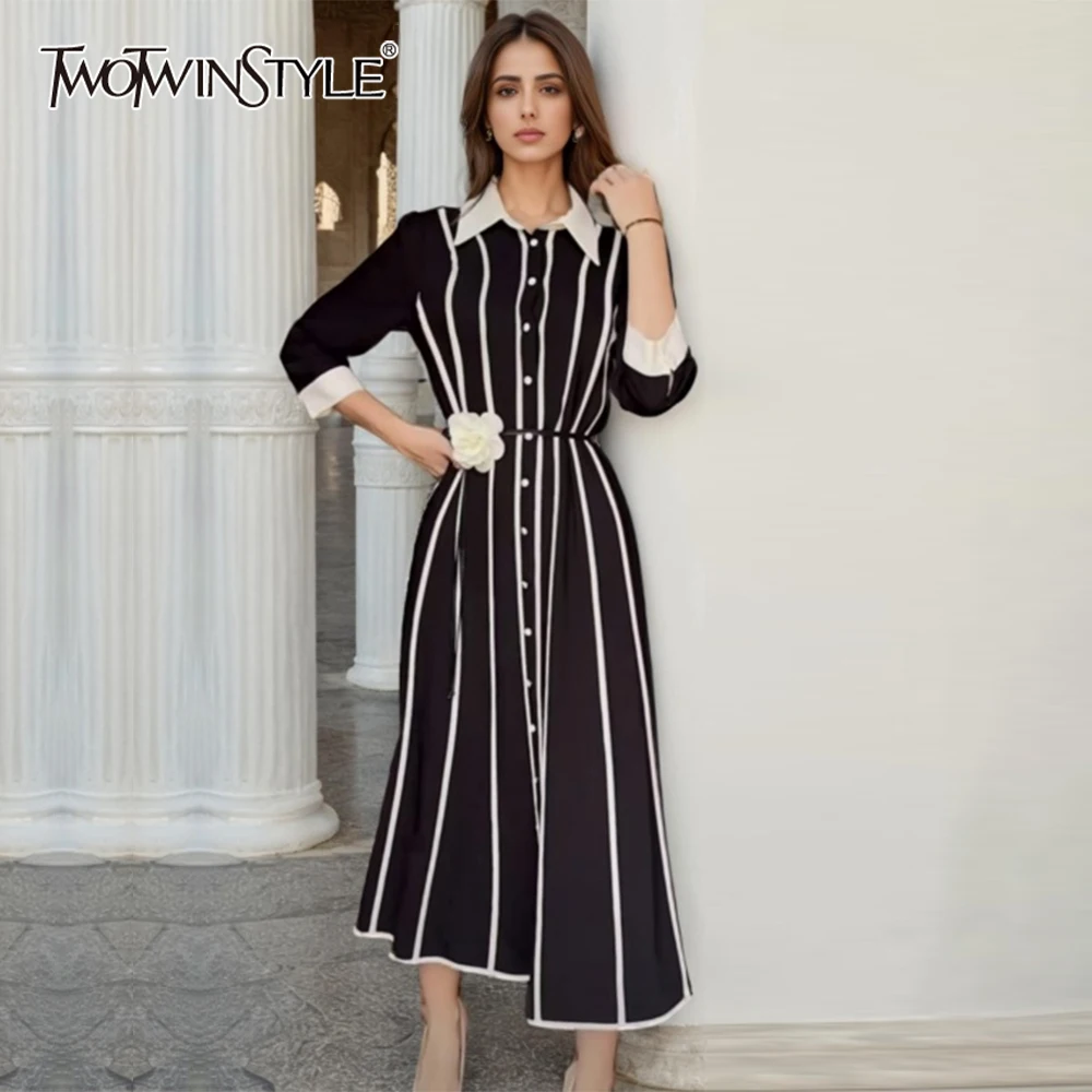 

TWOTWINSTYLE Elegant Colorblock Striped Spliced Appliques Dress For Women Lapel Long Sleeve Tunic Temperament Dresses Female