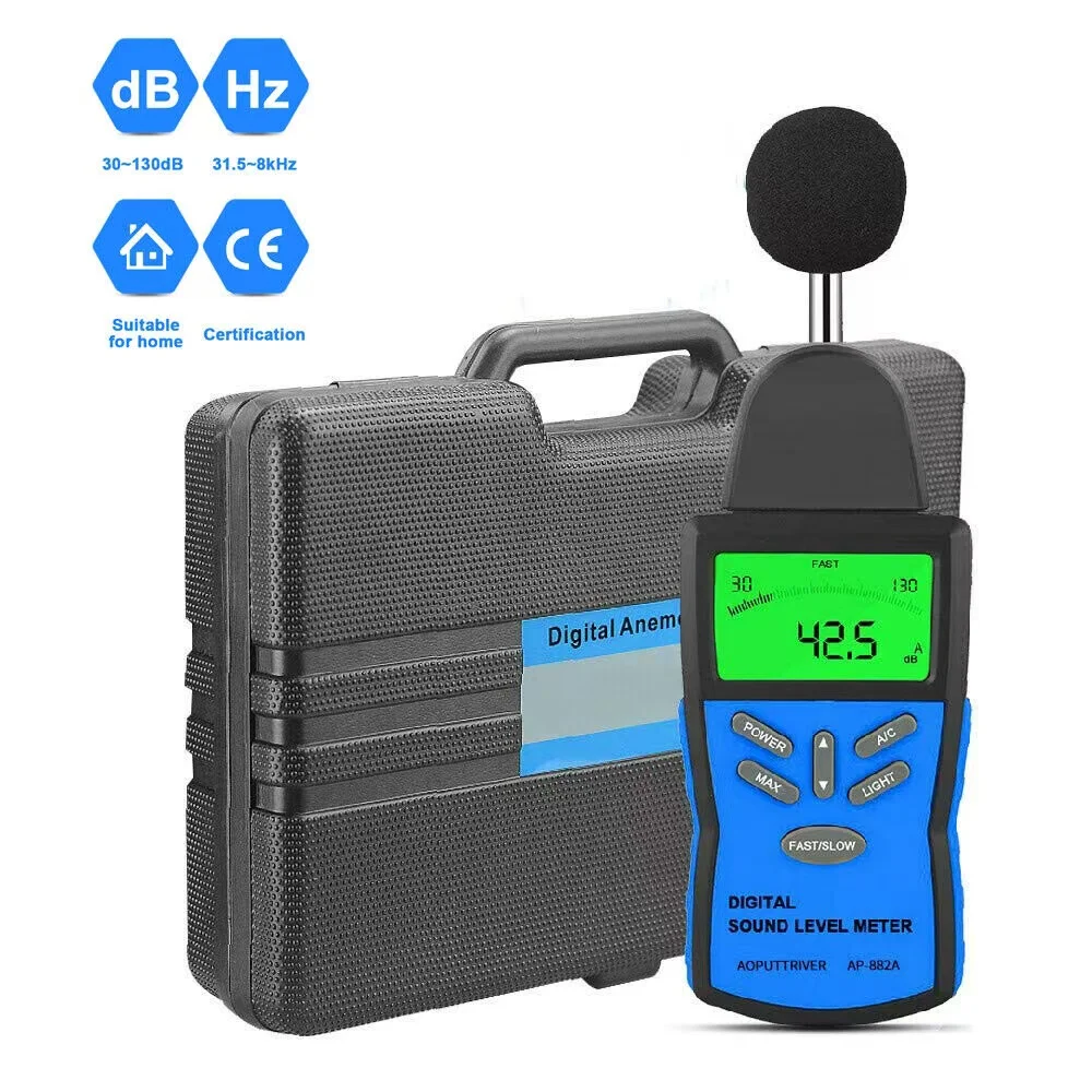 Precision Sound Level Meter, Digital Decibel Tester for 30~130 dB Noise Volume Measurement with A/C Fast/Slow Weighting HP-882A