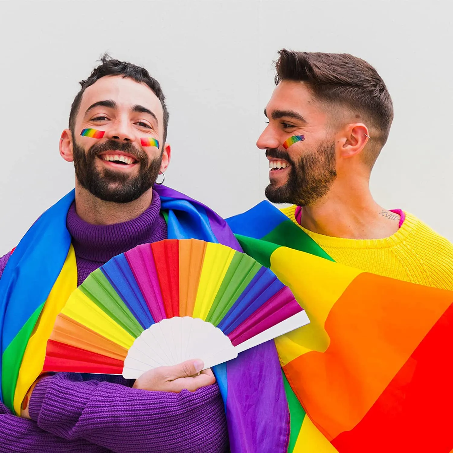 พัดลมสายรุ้ง, พัดลม 12 แพ็ค, พัดลมพับแบบพกพา Rainbow LGBTQ, พัดลมมือพับได้ของตกแต่งงานปาร์ตี้