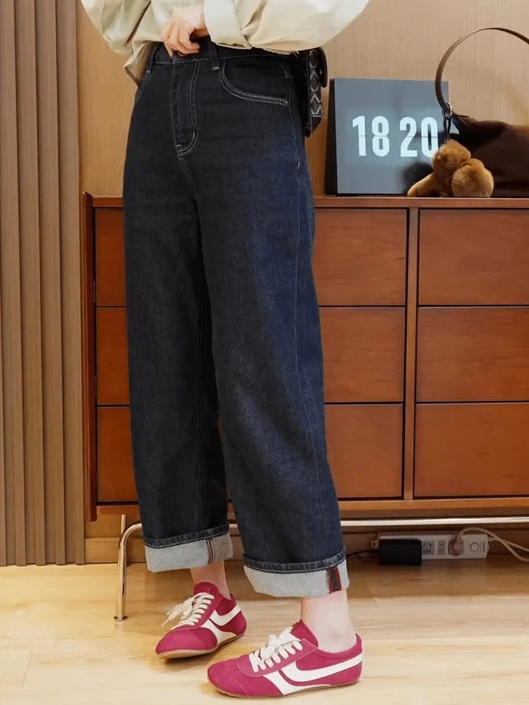 

Большие размеры Темно-синие прямые джинсы Женские осенние новые Sle Pear ape Body Тонкие широкие брюки с высокой талией Nine Points