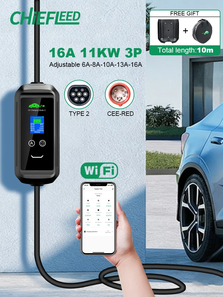 Chiefleed EV-Ladegerät 16A 11KW Typ 2 Ladestation mit Zeitverzögerung 1-15 Stunden Speicherfunktion für Elektrofahrzeuge Gesamtlänge 10M