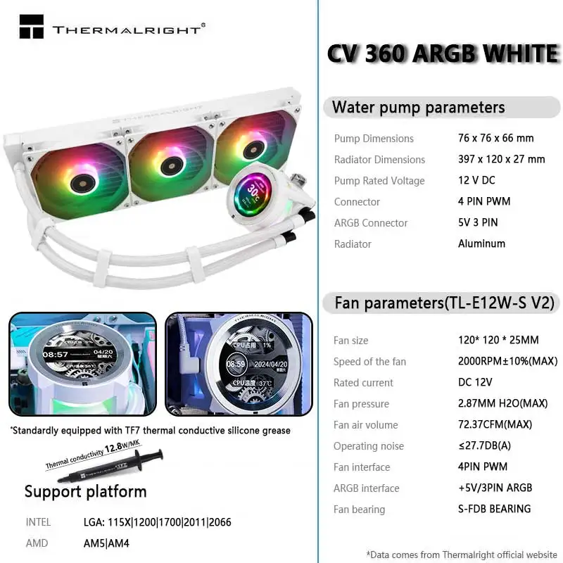 써멀라이트 코어 비전 360 ARGB 올인원 수냉 라디에이터, 2.1 인치 LCD 디스플레이 화면, 지지대 LGA1700, 115X, AM5