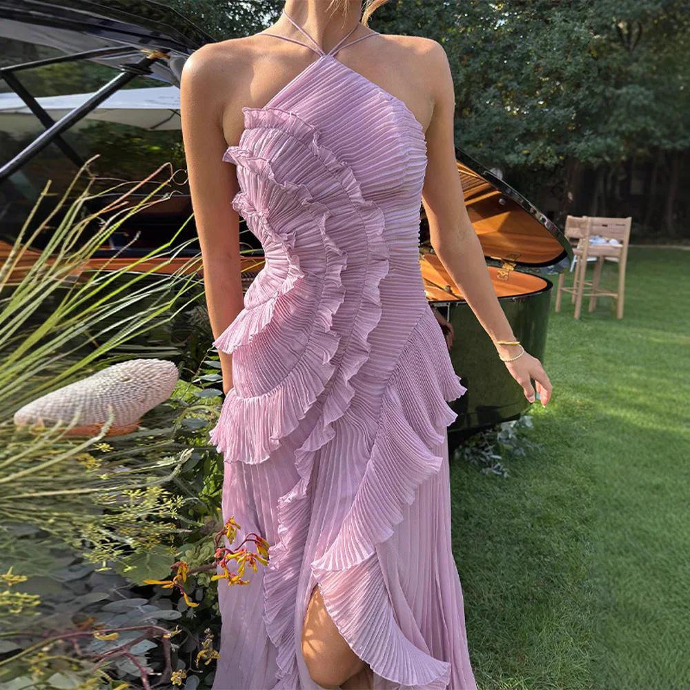 Trend Ruffles Design Asymmetric Thin Long Dress Women Irregular Halter Sexy Dress Summer Wedding Party Dresses Vestidos De Mujer