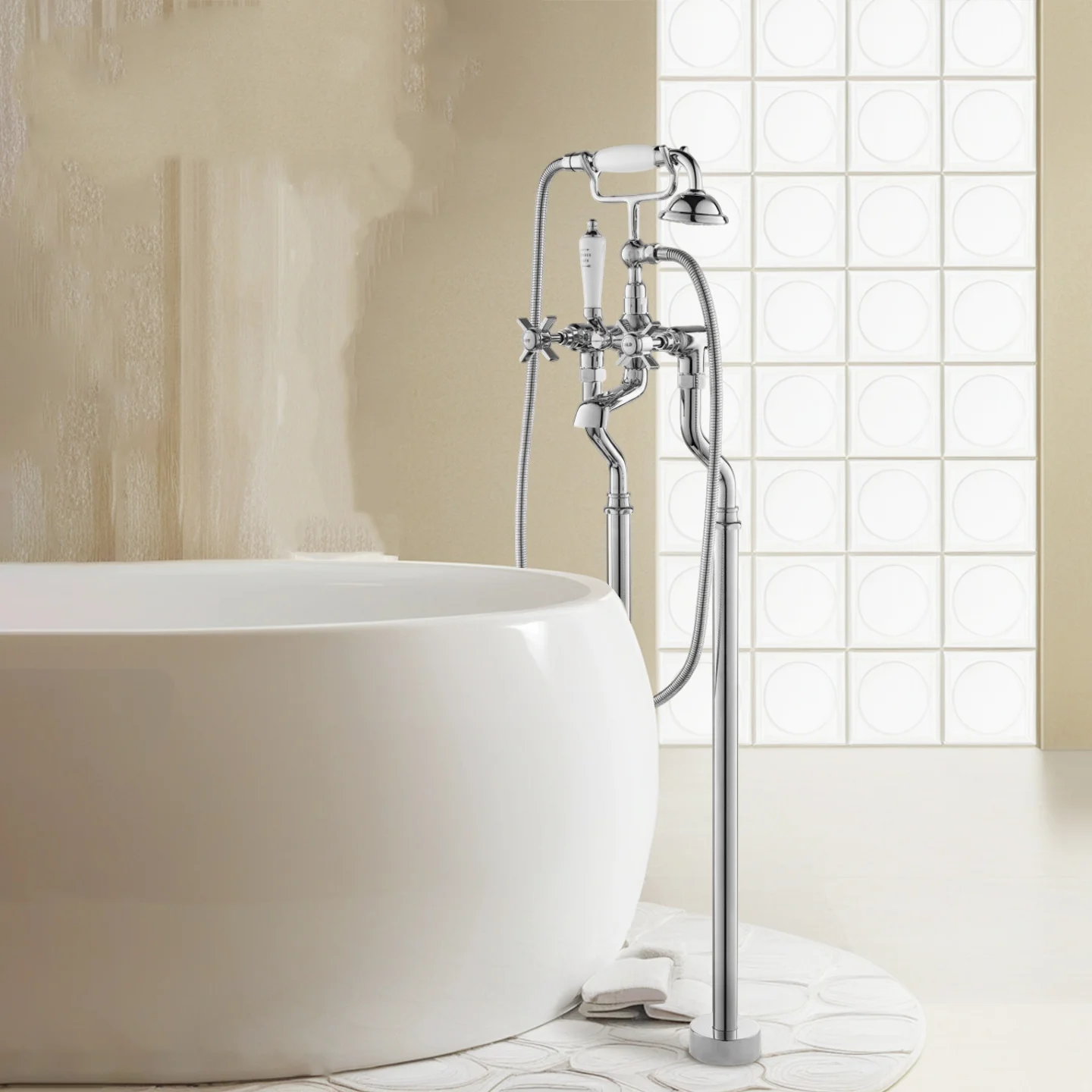 Luxury Bathroom Bathtub Faucet Set Floor Decked Gold Total Brass Classical American Style Shower Faucet Set Cross Handle