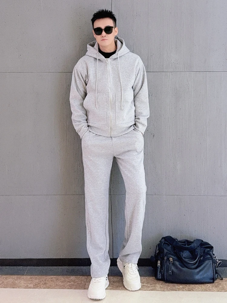 

Мужской однотонный спортивный костюм-двойка с худи и брюками прямого кроя, эластичный, повседневный, весенняя коллекция, молодежный, с длинными рукавами и длинными брюками