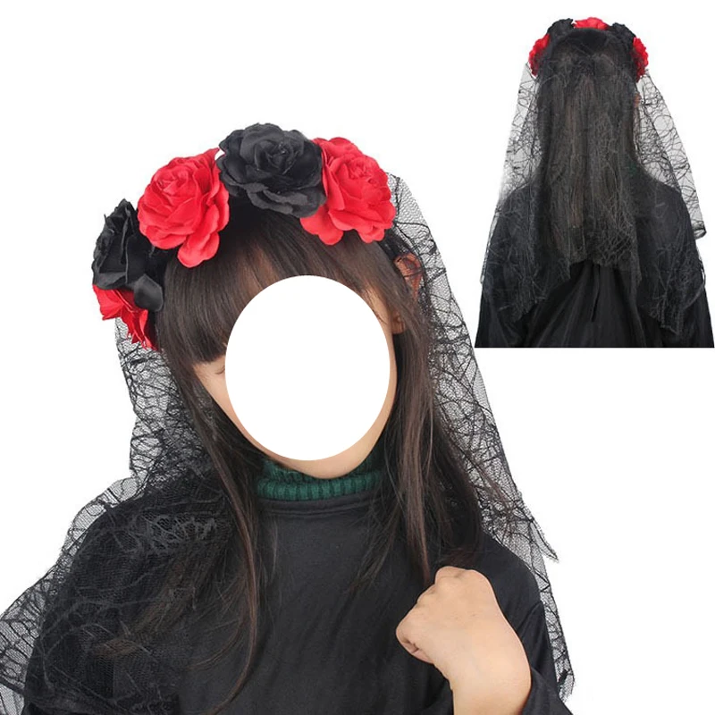 1PCS Black Veil Halloween Rose Flower Headband Costume Cosplay Wedding Mexican Rose Flower Crown Headband Day of The Dead Party