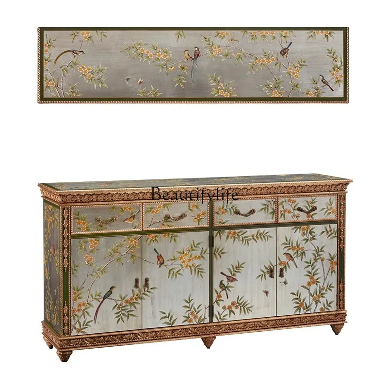 02*French retro solid wood painted entrance cabinet decorative storage European multi-functional storage shoe cabinet