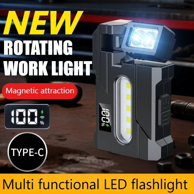 USB-C LED Flashlight Mini Pocket Torch with Metal Clip 90° 270° Adjustable Head & Built-in Battery Outdoor Emergency Work Light