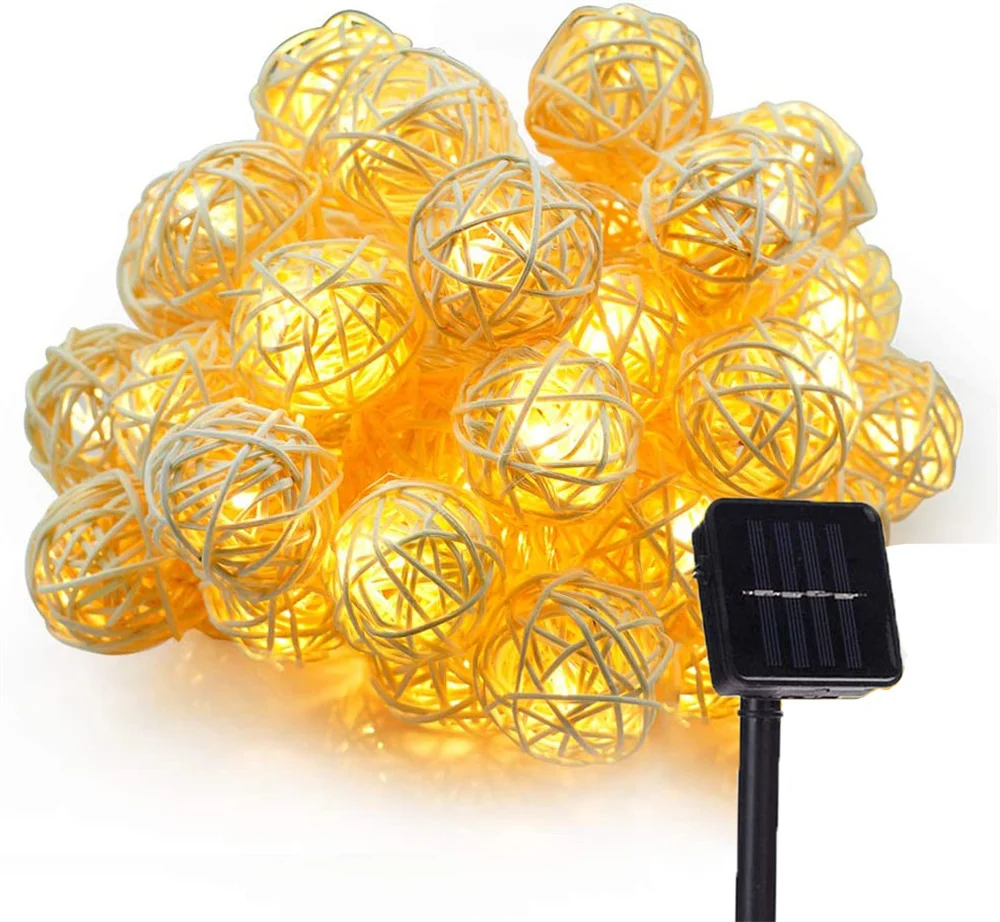 Solar Powered 20/30/50 LED Rattan Ball String Lights Outdoor Christmas Holiday Patio Garland Wedding Party Decoration Lights