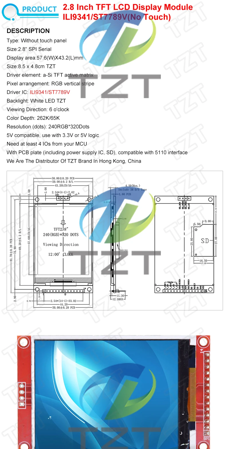 TZT 2,8" 240x320 SPI TFT LCD Serial Port Modul mit PCB Micro SD ILI9341 / ST7789V 5V/3,3V 2,8 Zoll LED Display für Arduino – Detail 3