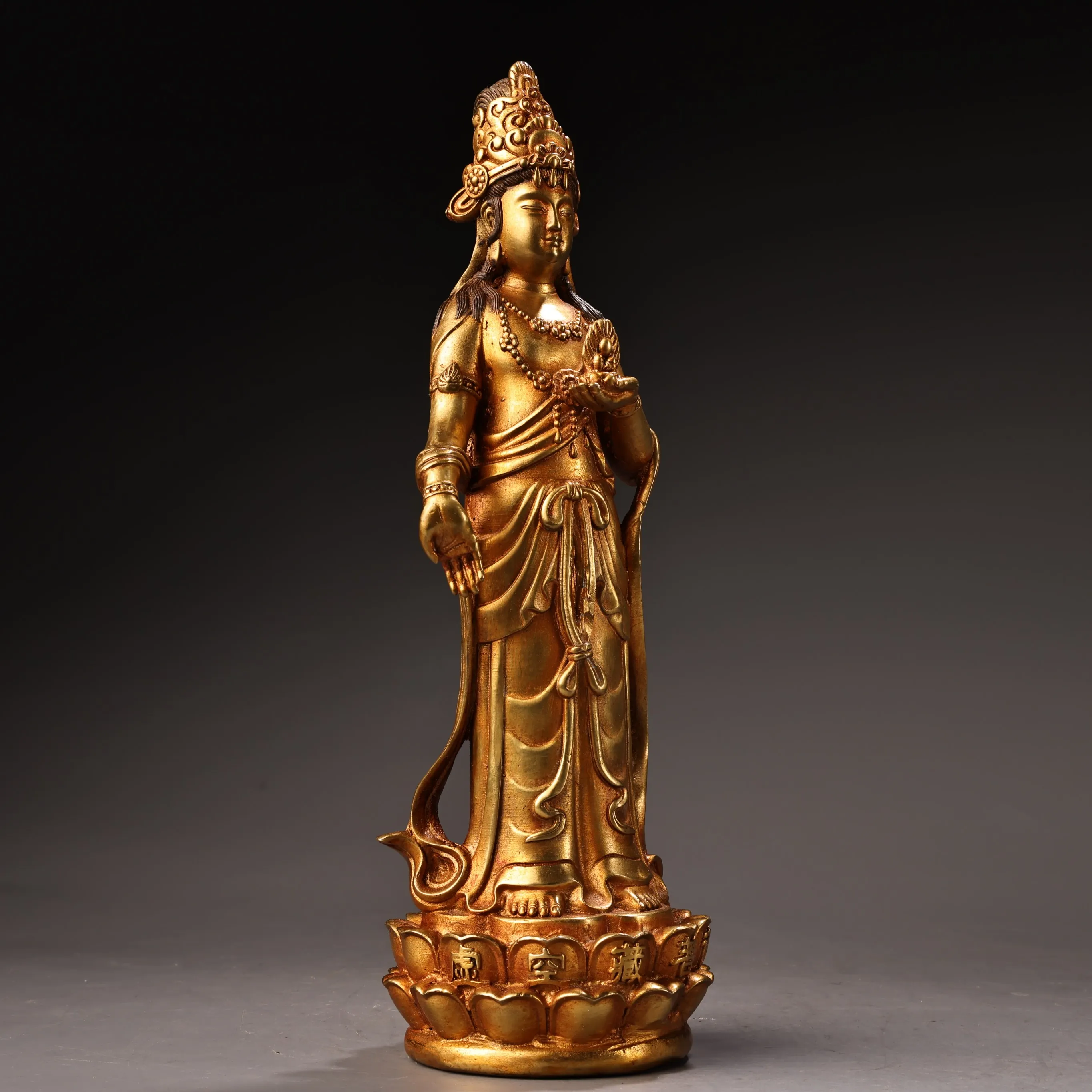 

11"Tibetan Temple Collection Old Bronze Gilded High Relief Bodhisattva Akashagarbha Standing Buddha Lotus Terrace Worship Hall