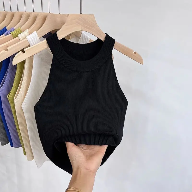 Frauen Solide Rundhals Rippen Tank Top Leibchen Frauen Sommer Grundlegende Elastische 2026 O Neck Solide Tank Top