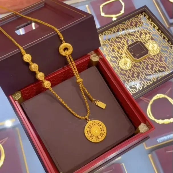 9999 24K real gold Eight treasures Compass Peace Joy pendant Braided rope Peace buckle flower silk necklace sweater chain